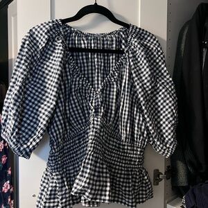 Old Navy Navy and White Gingham Peasant Top
